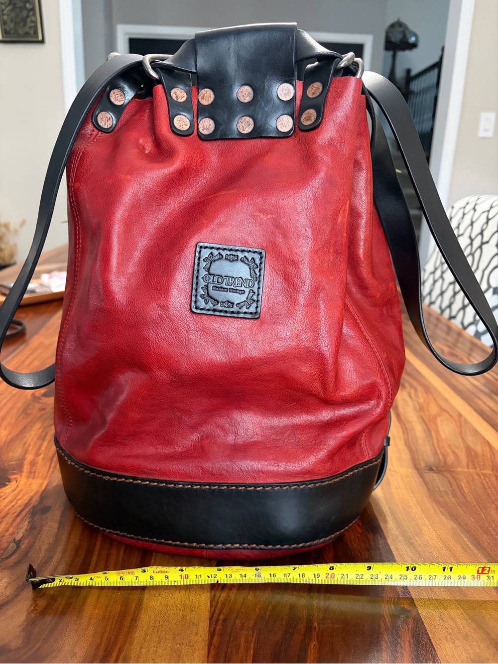 Old Trend Modern Vintage Red Leather Drawstring Backpack with Black Trim